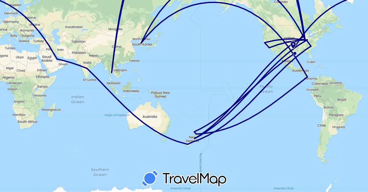 TravelMap itinerary: driving in Costa Rica, India, South Korea, New Zealand, Qatar, Thailand, United States (Asia, North America, Oceania)